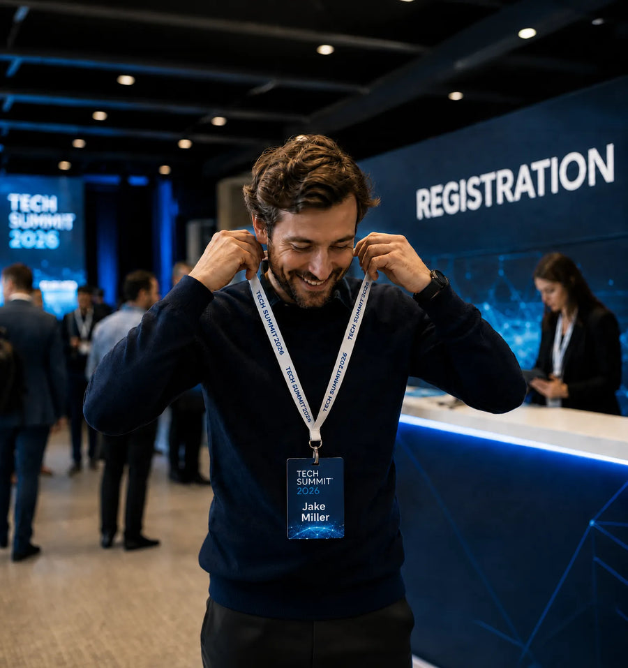 Event attendee wearing a custom name badge and lanyard